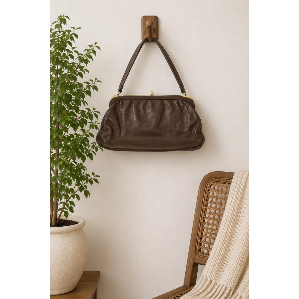 Vintage Canadian Leather Top Handle Framed Clasp Handbag Brown Structured Purse